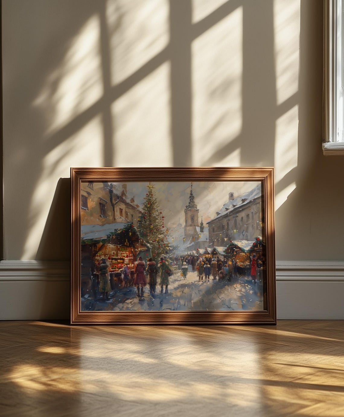 Antique Oil Painting European Christmas Market In Cozy Village Square Snowy Holiday Scene Art Regarts - Image 4