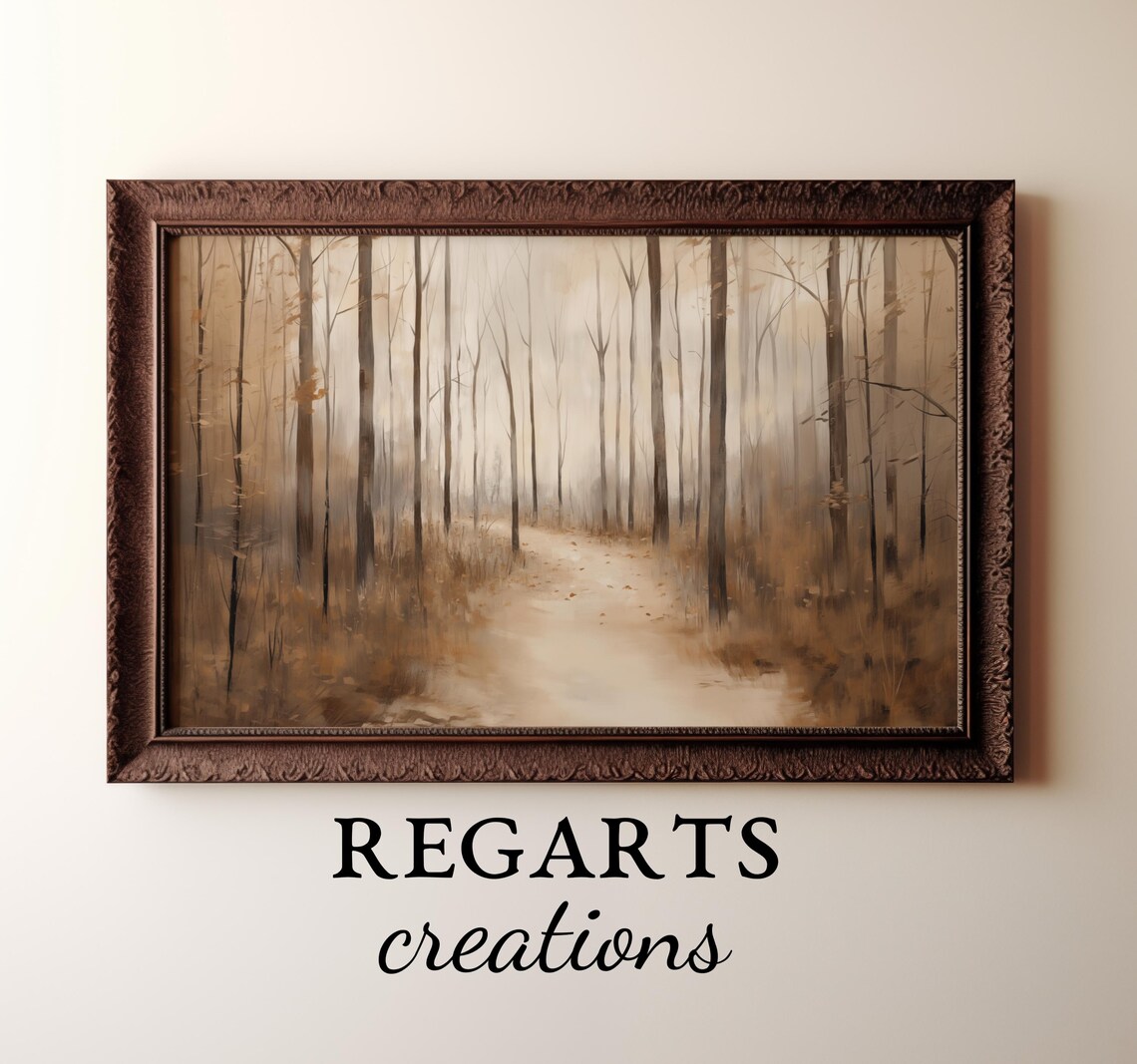 Misty Forest Path Through Tall Trees Neutral Beige Woodland Poster - Image 3