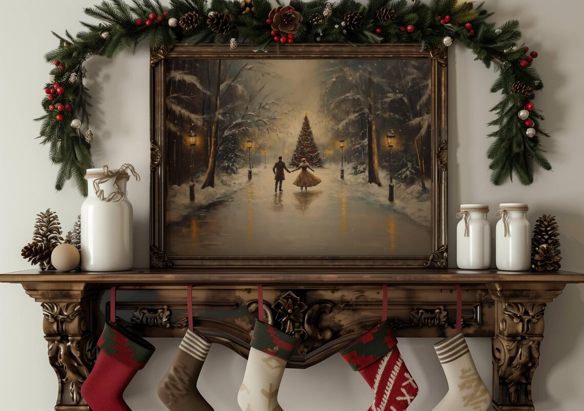 Romantic Ice Skating Couple Christmas Tree Snowy Night Avenue Poster