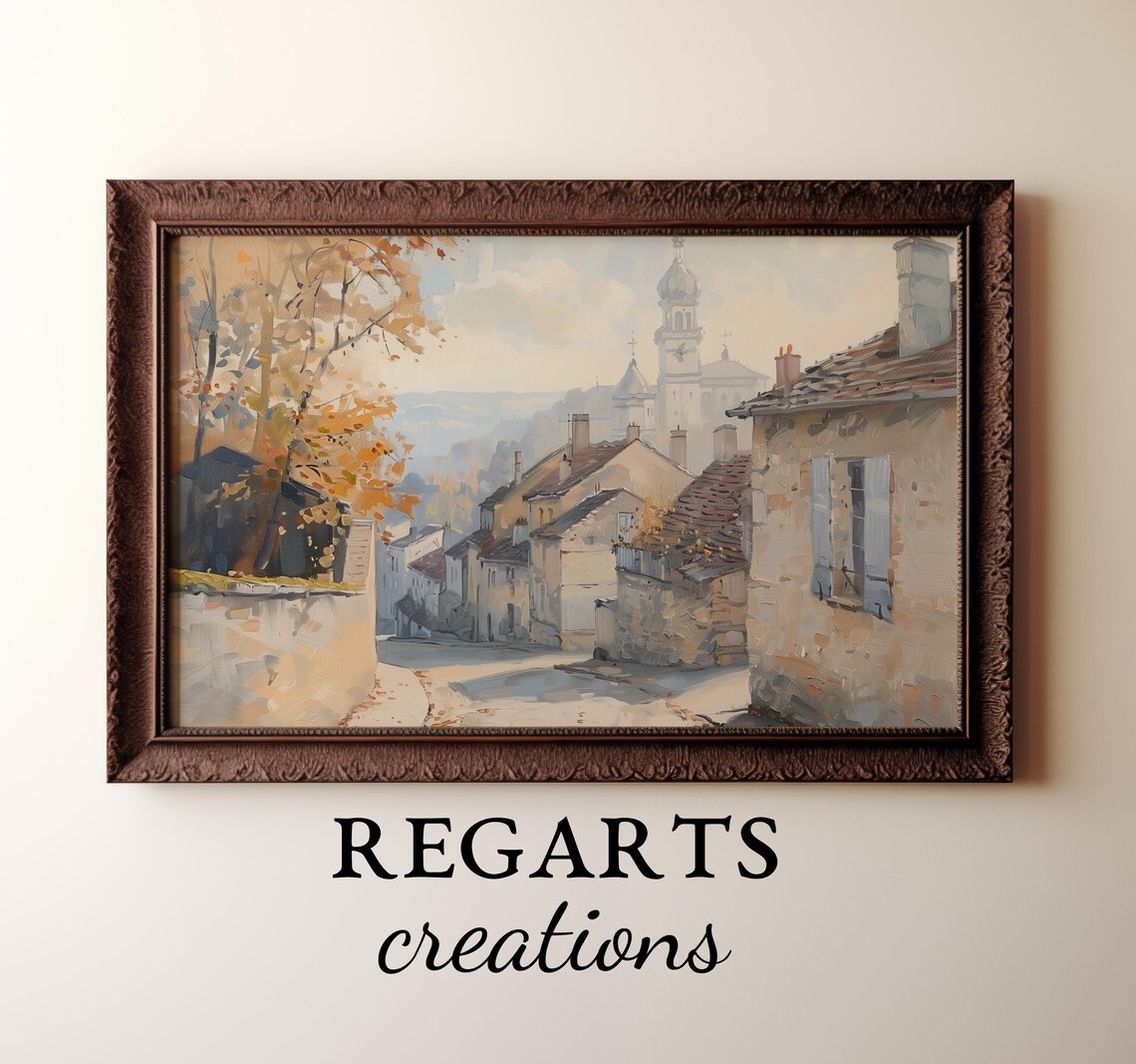 French Village Street Painting Autumn Morning Light Church Tower Poster - Image 3