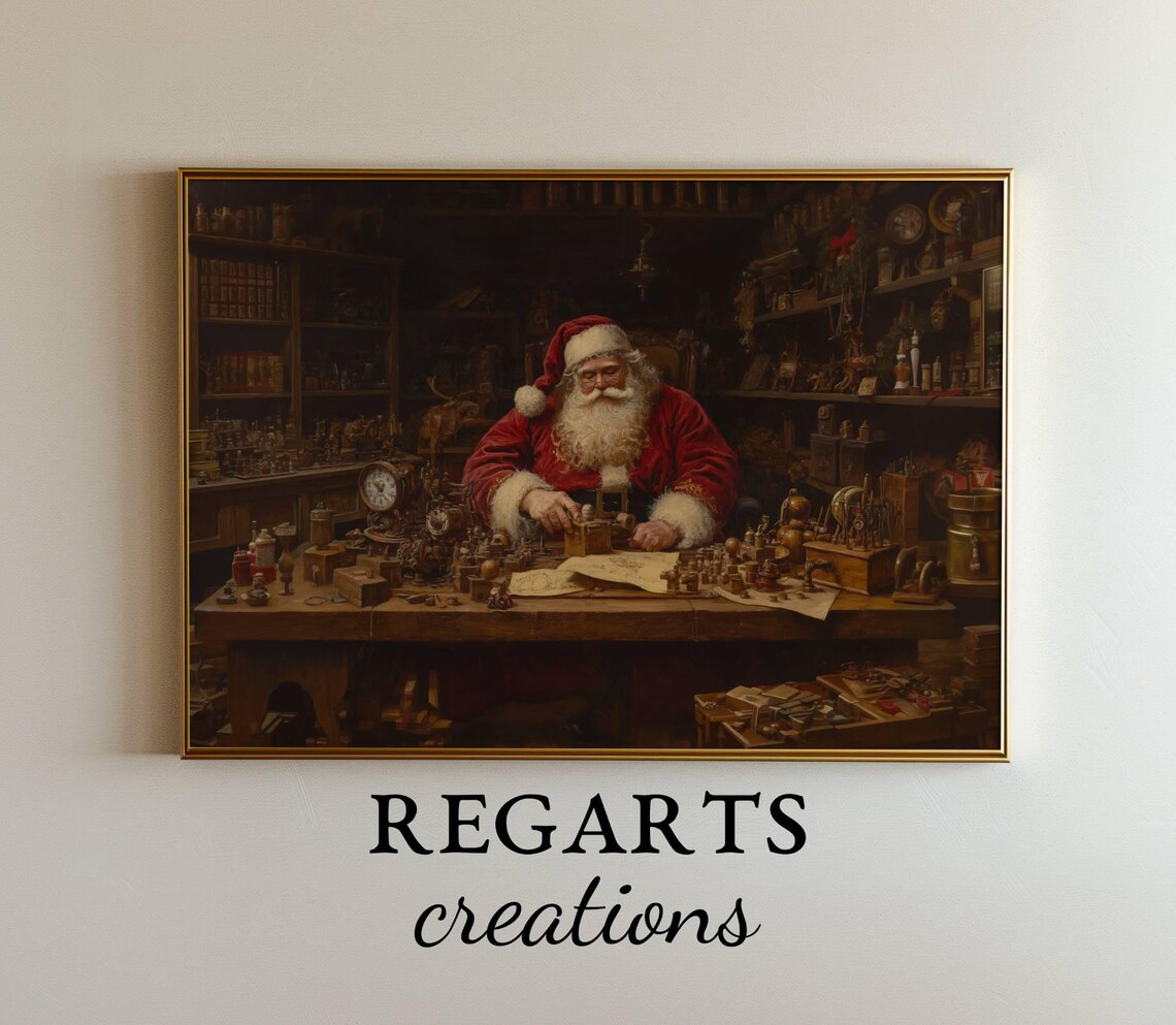 Santa Claus In His Workshop Vintage Style Antique Christmas Poster - Image 7