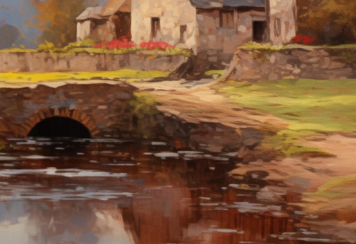 Autumn Village Painting Red Trees By Pond Cottage Scene Poster - Image 4