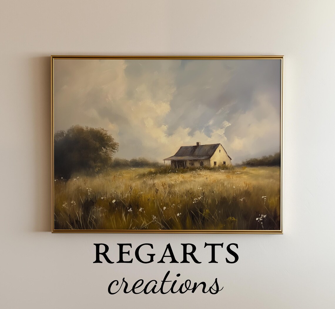 Country Farmhouse Painting Golden Field Cloudy Sky Rural Poster