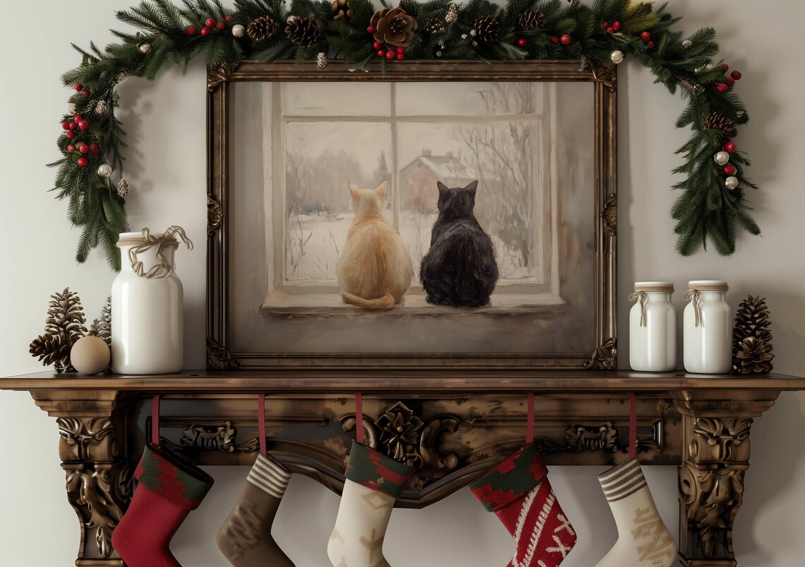 Two Cats At Winter Window Snowy Cottage View Cozy Feline Poster - Image 7