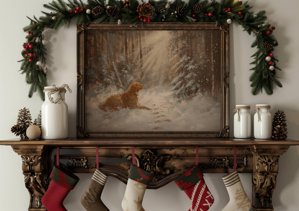 Golden Retriever Painting Dog In Snowy Forest Sunlight Art Print