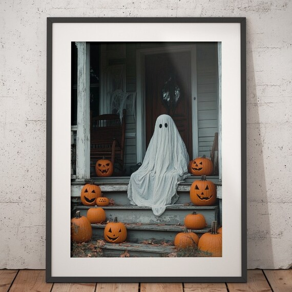 Sheeted Ghost Sitting on Old Porch Steps Surrounded by Pumpkins Poster