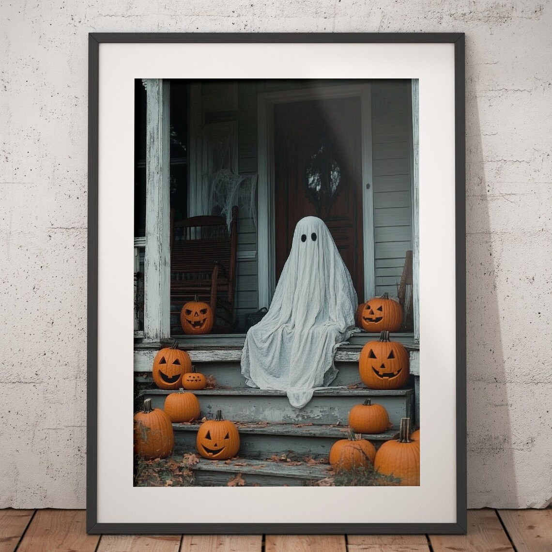 Sheeted Ghost Sitting on Old Porch Steps Surrounded by Pumpkins Poster