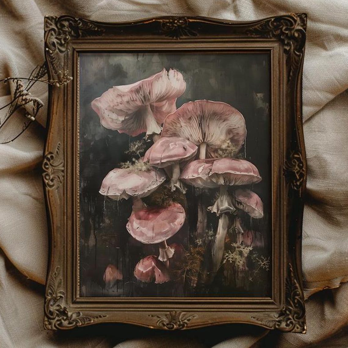 Blush Pink Mushrooms Botanical Study on a Dark Background Poster