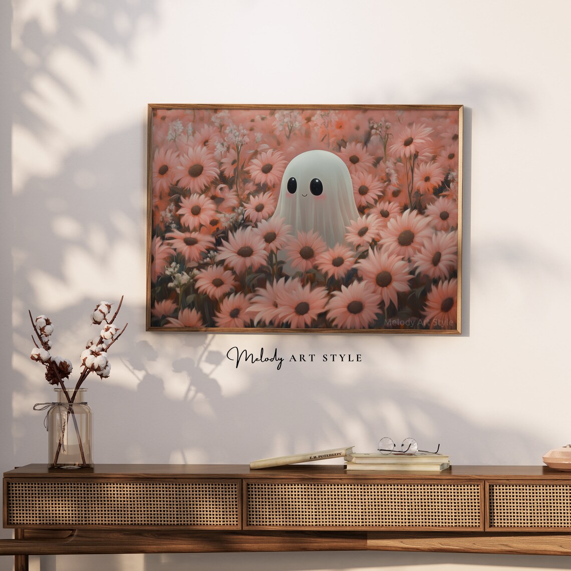 Cute Ghost In Pink Sunflower Field Vintage Halloween Spooky Season Art Print - Image 2