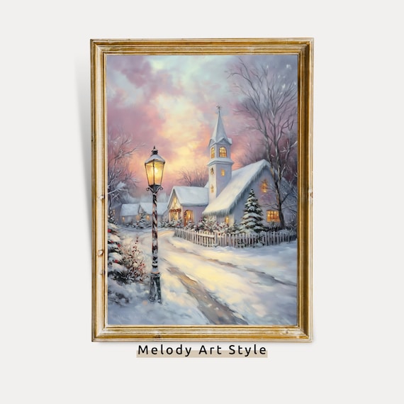 Christmas Snowy Village at Sunset Art Print