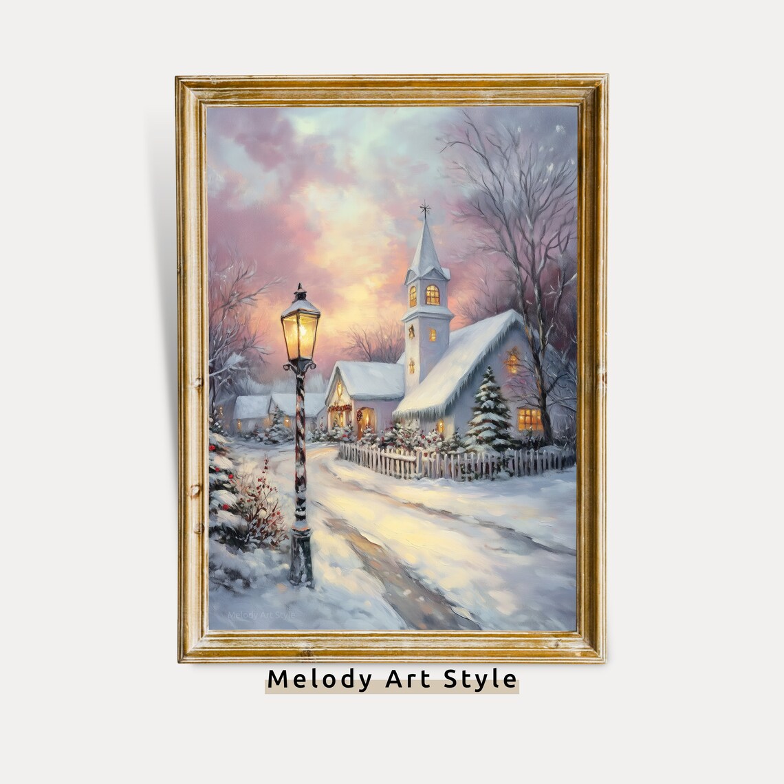 Christmas Snowy Village at Sunset Art Print