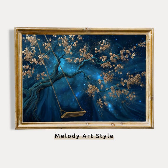 Celestial Swing Wall Art Tree And Starry Sky Painting Mystical Golden Blossoms Fantasy Blue Gold P571