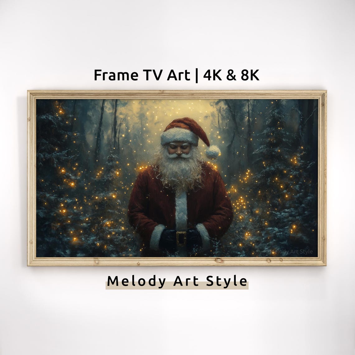 Santa Claus In Snowy Forest Frame Tv Art 4k 8k Golden Lights Christmas Holiday Screensaver Winter Wonderland Wallpaper F150