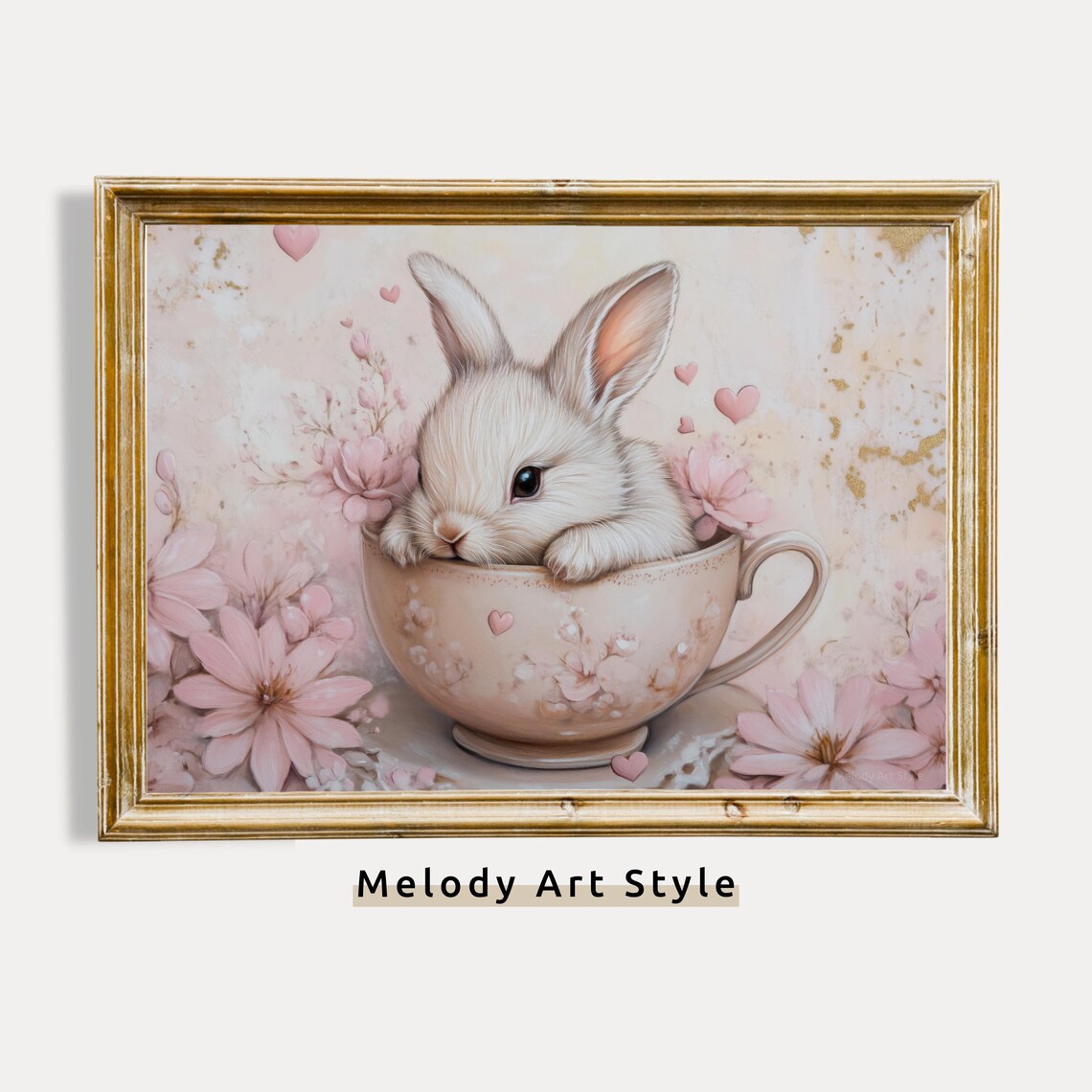 Cute Bunny In Pink Floral Teacup Spring Animal Portrait Poster