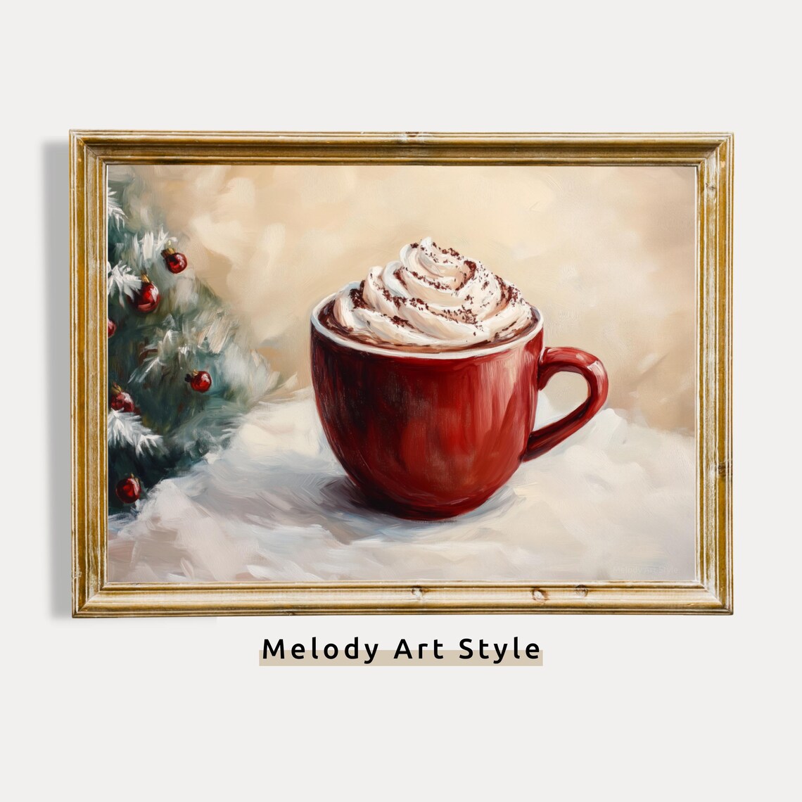 Cozy Red Mug Hot Cocoa Whipped Cream Snow Christmas Art Poster