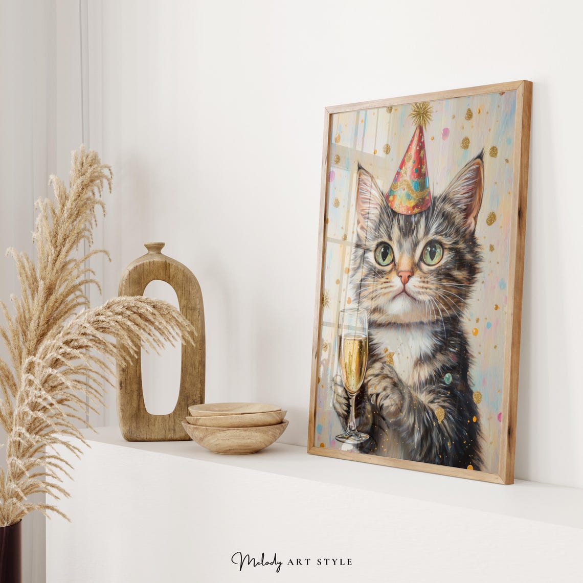 Kitten Birthday Party Hat Champagne Glass Confetti Cute Cat Art Poster - Image 2