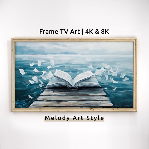 Open Book Wooden Dock By Sea Flying Pages Surreal Literary Ocean Painting Poster