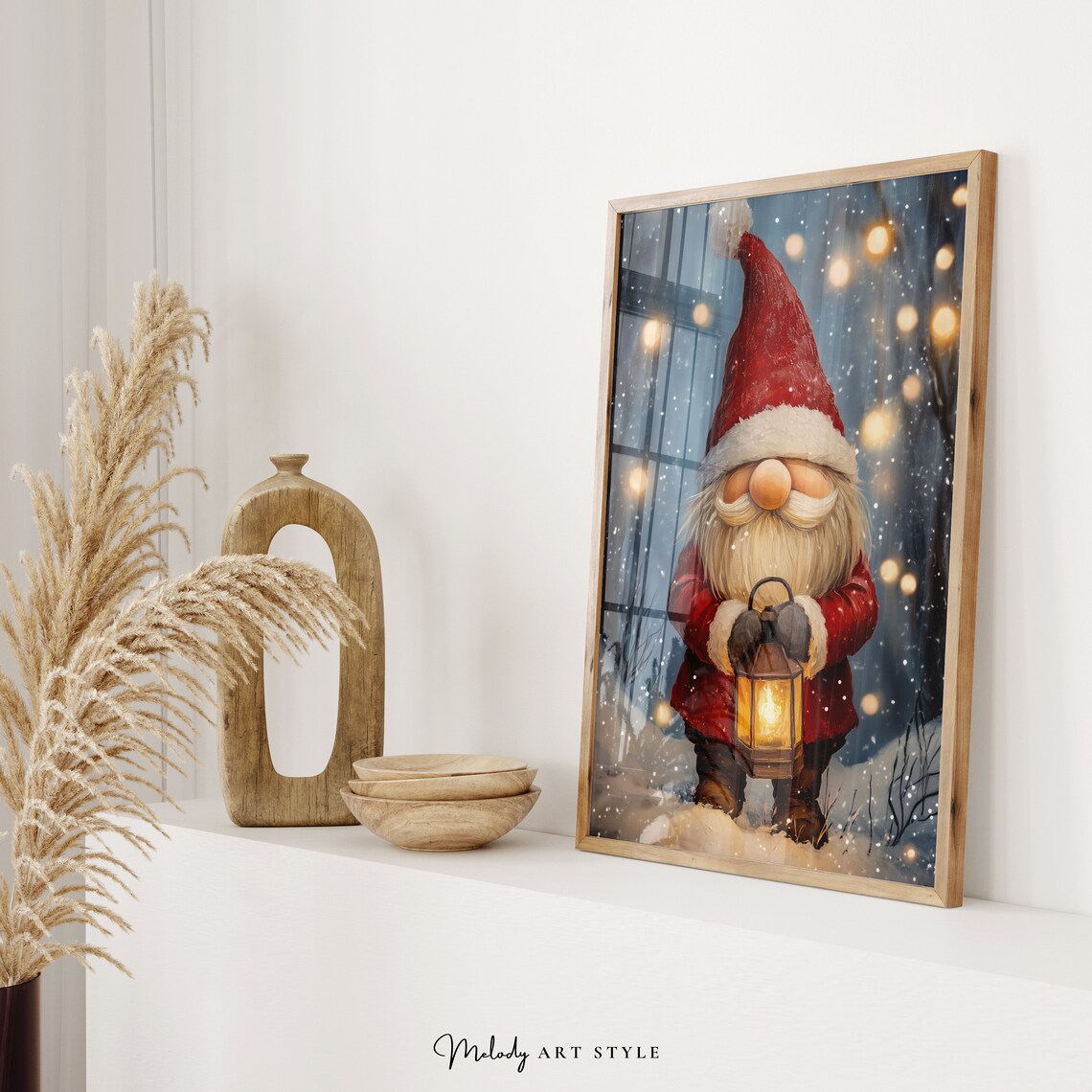 Cute Gnome With Christmas Lantern, Winter Art Print - Image 2