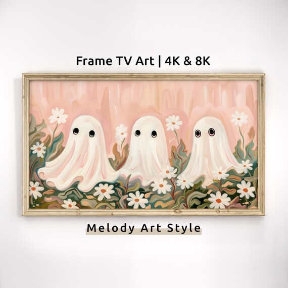 Cute Ghost Trio In Daisy Field Pink Halloween Floral Art Poster