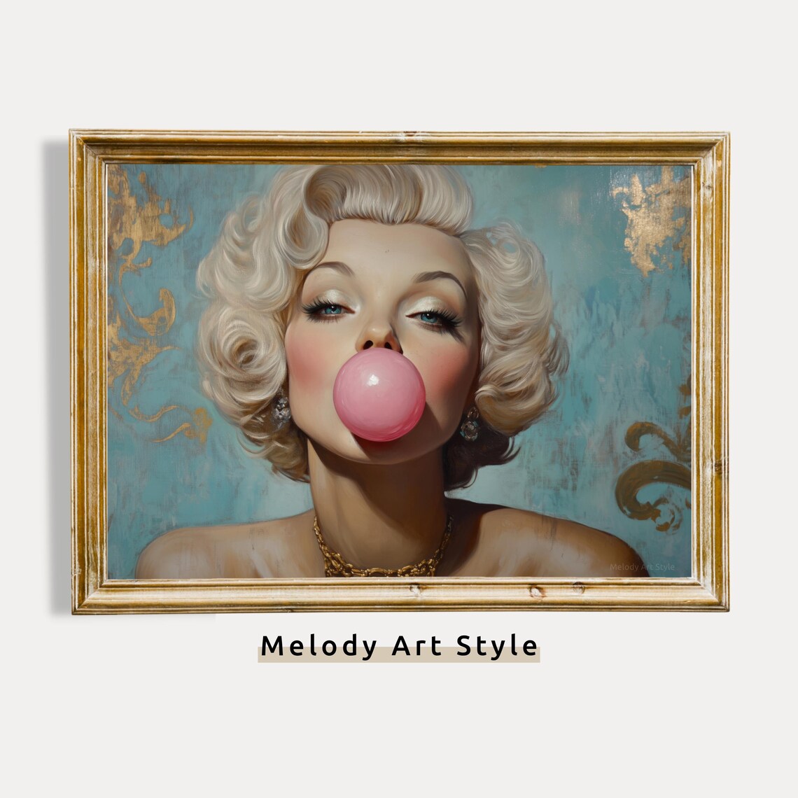 Retro Lady Blowing Bubble Gum, Vintage Glamour Art Print