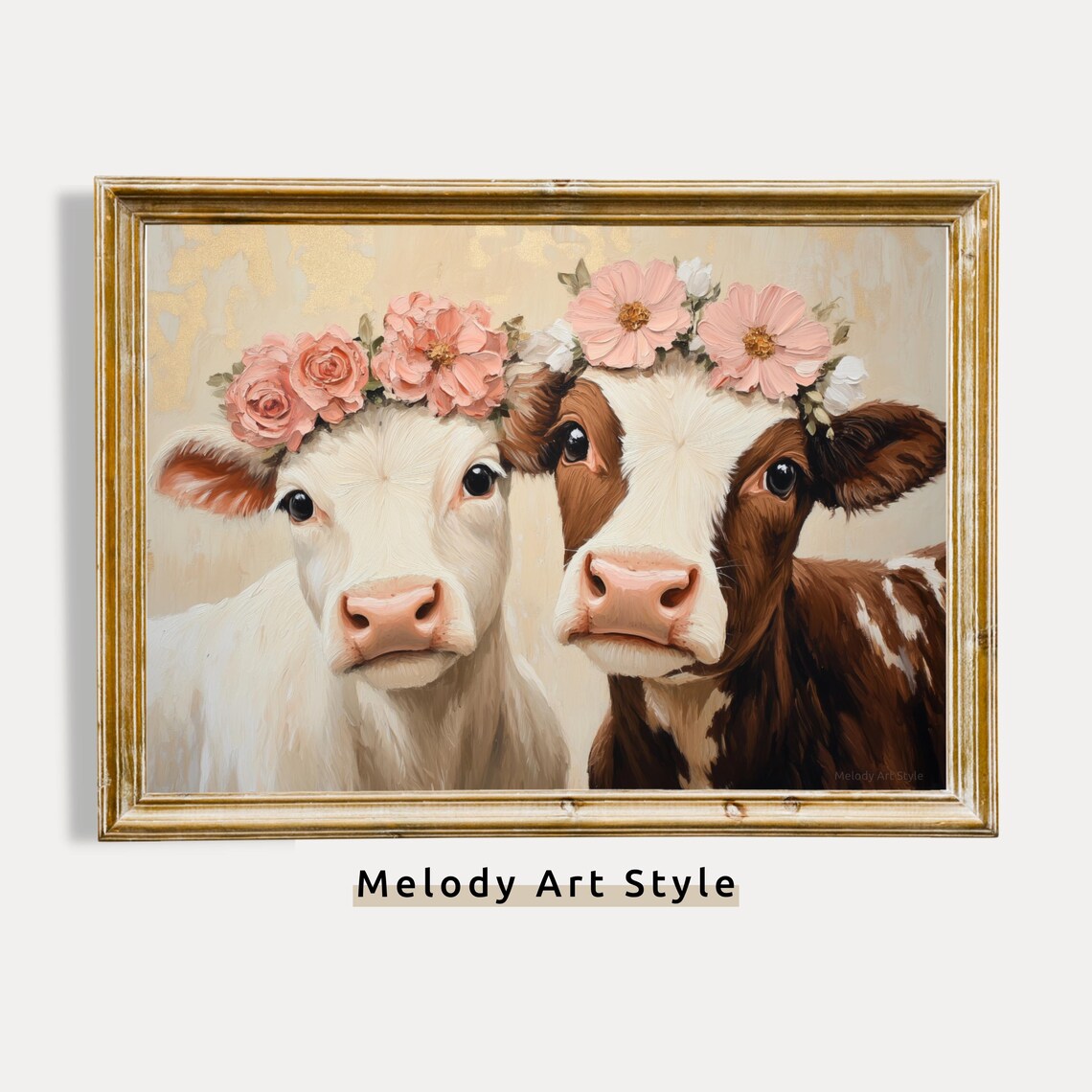 Two Calves Wearing Pink Flower Crowns Cute Farmhouse Animal Poster