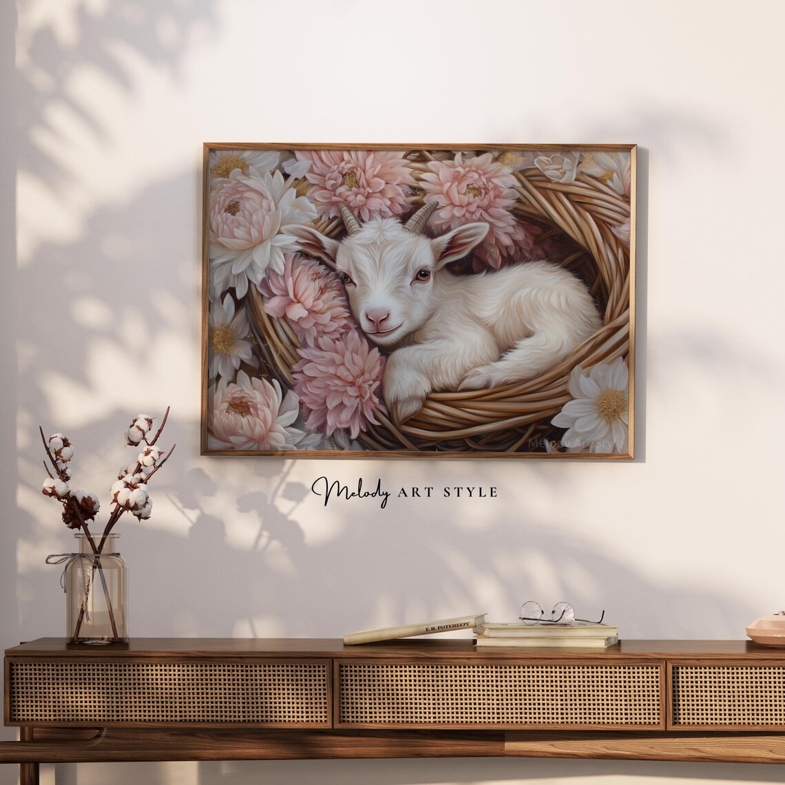 Baby Goat Resting In Basket Among Pink Dahlias Farmhouse Wall Art - Image 2