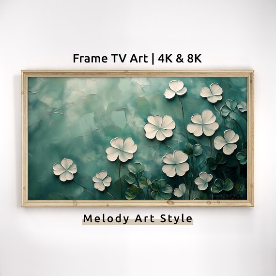 Minimalist White Clover Frame Tv Art 4k 8k St Textured Teal And Green Artwork For St Patricks Day Decor Screensaver Wallpaper F163