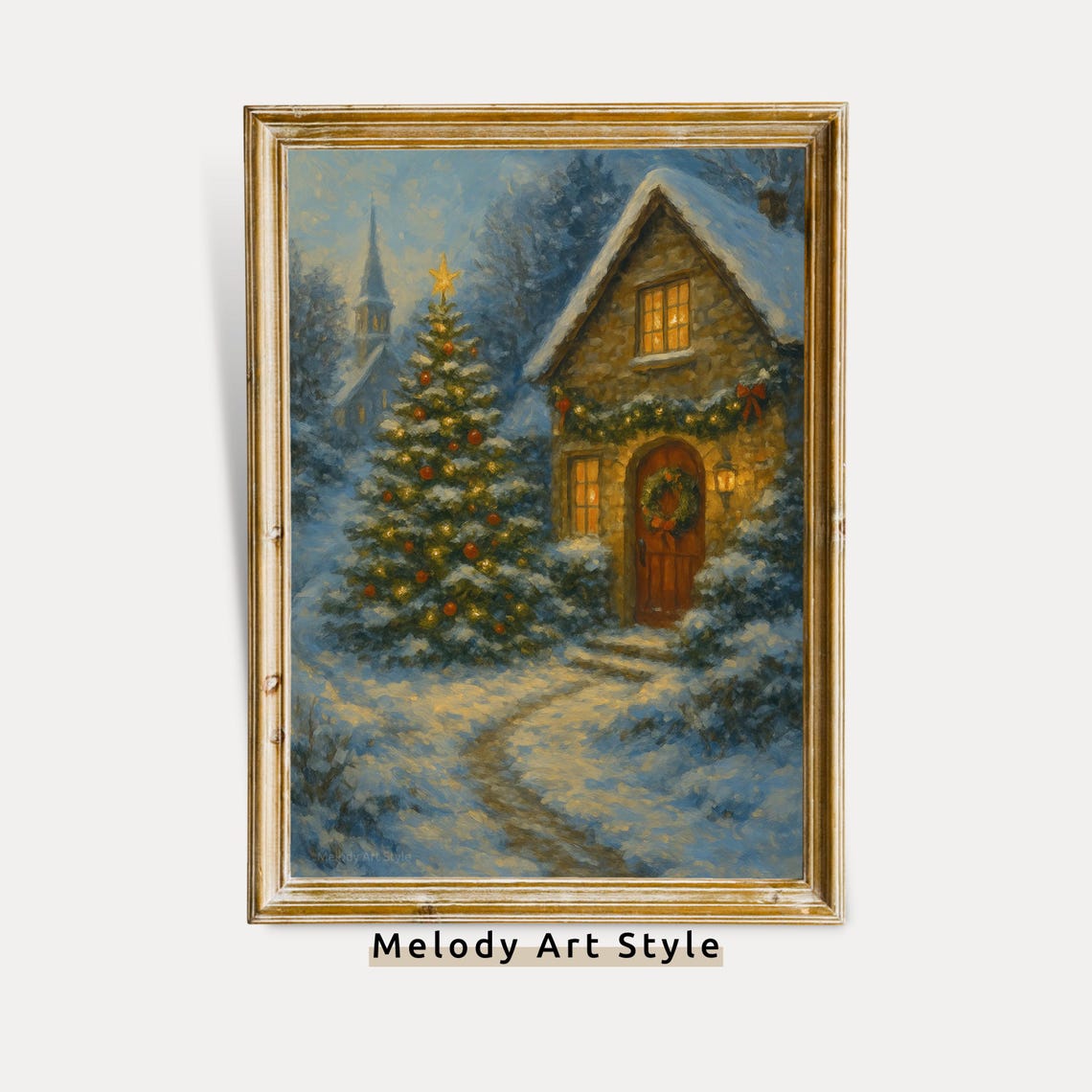 Stone Cottage With Christmas Tree On A Snowy Night Art Poster