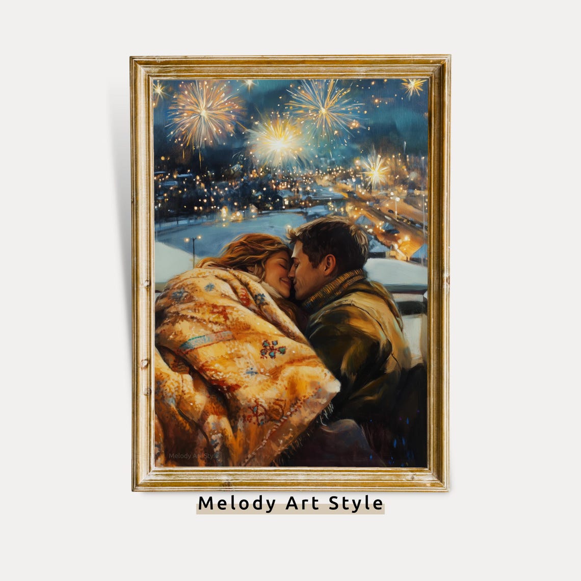 Romantic Couple Fireworks Winter Night Snowy City View Art Poster