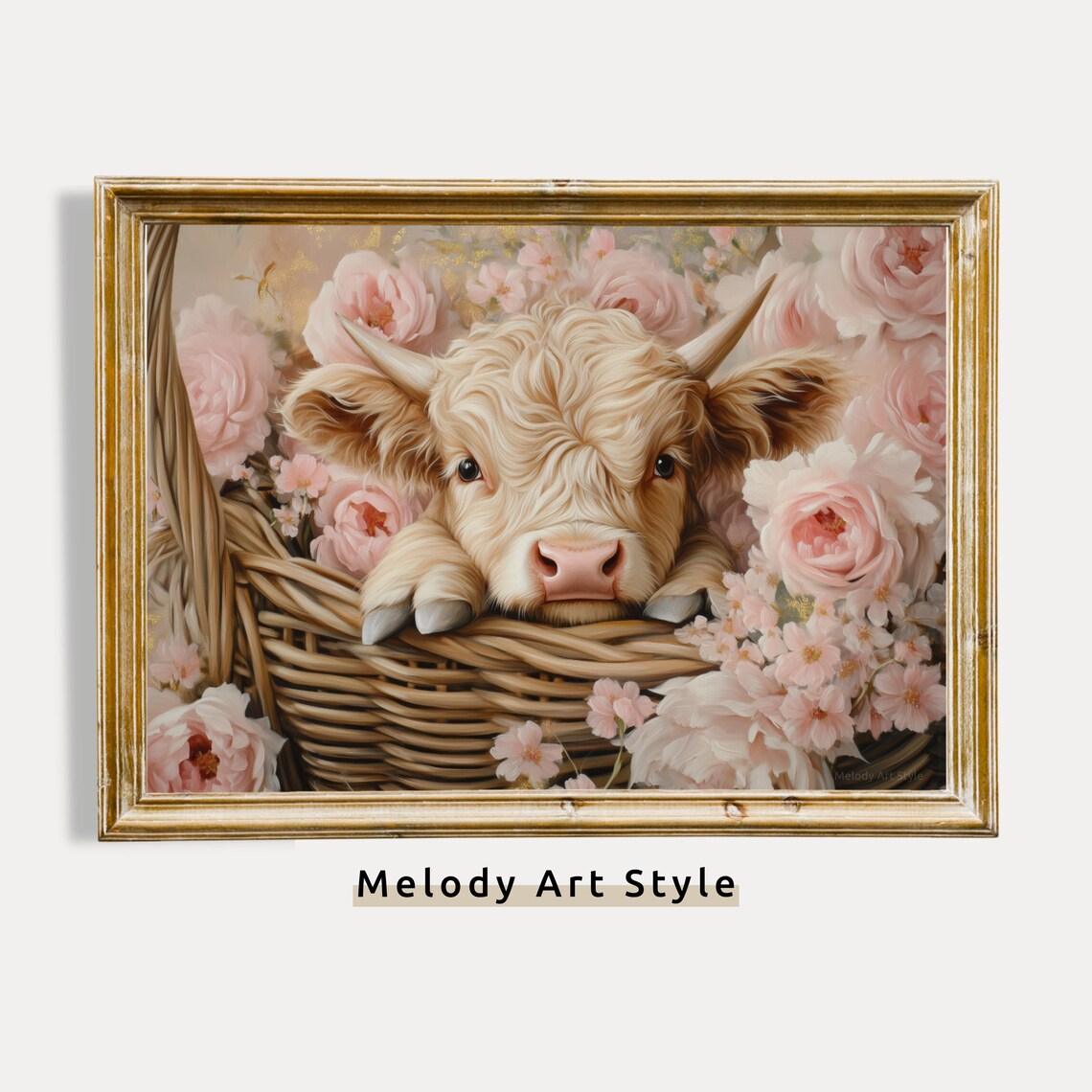 Baby Highland Cow In Flower Basket Pink Peonies Farmhouse Wall Art