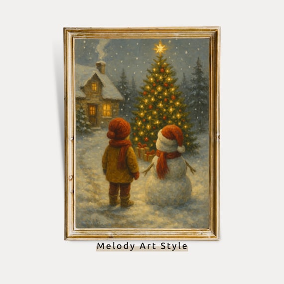 Child And Snowman Gazing At Lit Christmas Tree By Cozy Cabin Night Poster