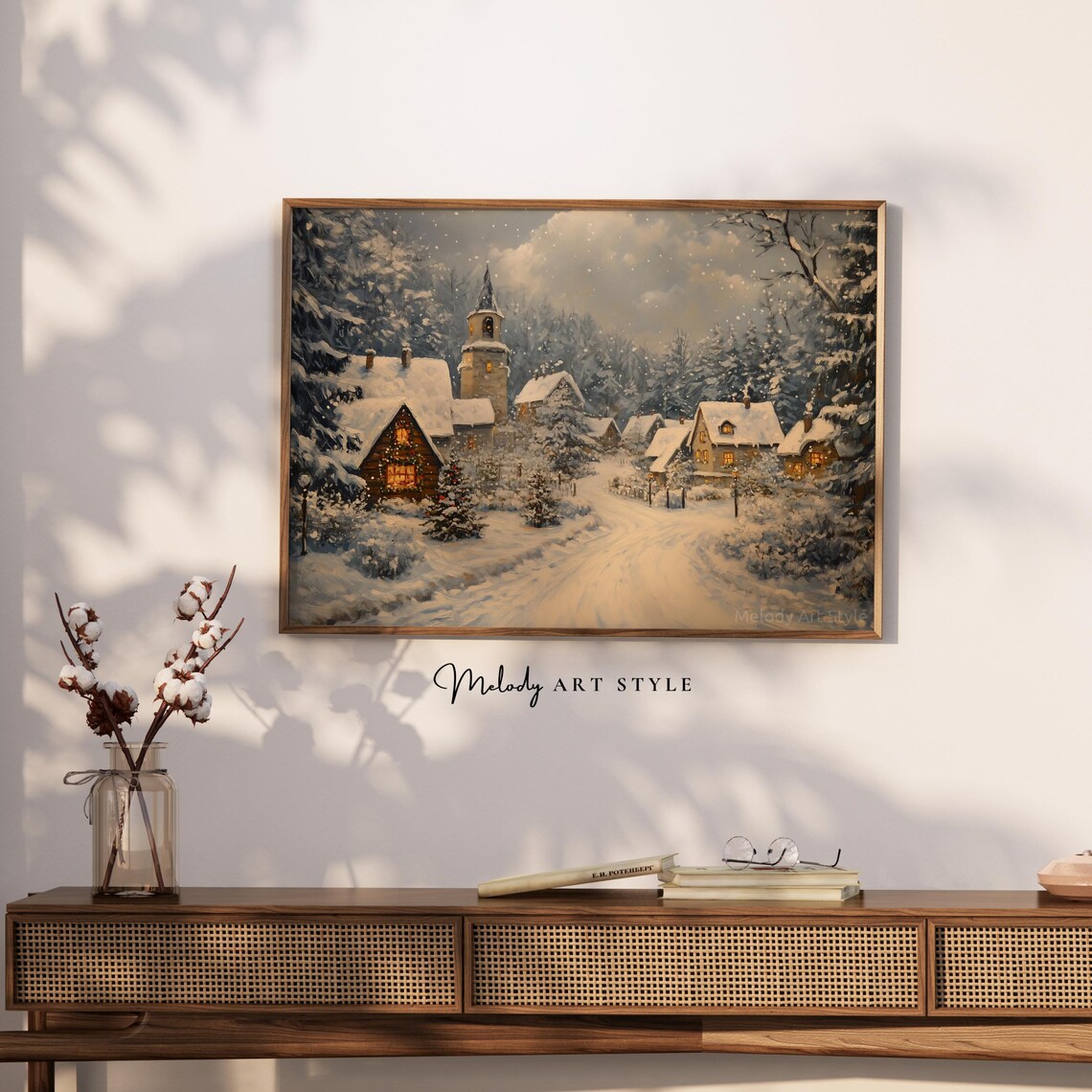 Rustic Winter Village Church Snowy Landscape Christmas Holiday Art Poster - Image 2