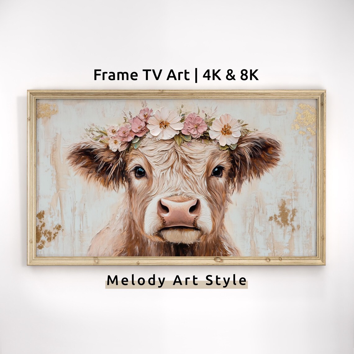 Cute Highland Calf with Pink Flower Crown Rustic Cow Portrait Poster