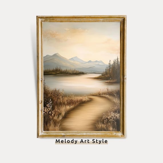 Tranquil Lake And Mountain Path Wall Art Neutral Toned Landscape Rustic Nature Wall Art Art Print P347