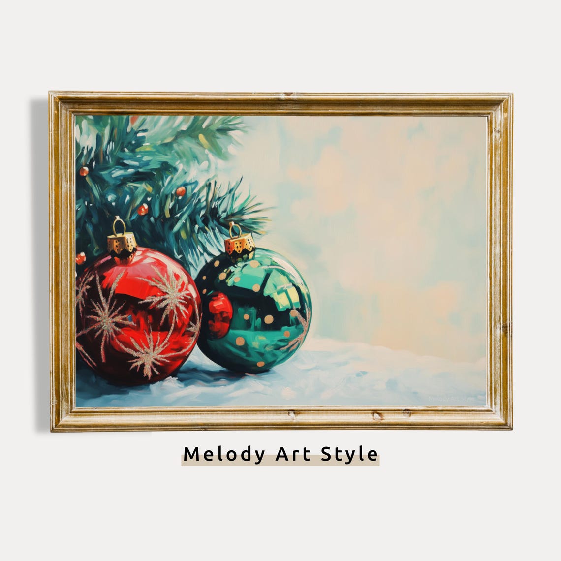 Red And Green Christmas Baubles On Snow Pine Branch Art Poster