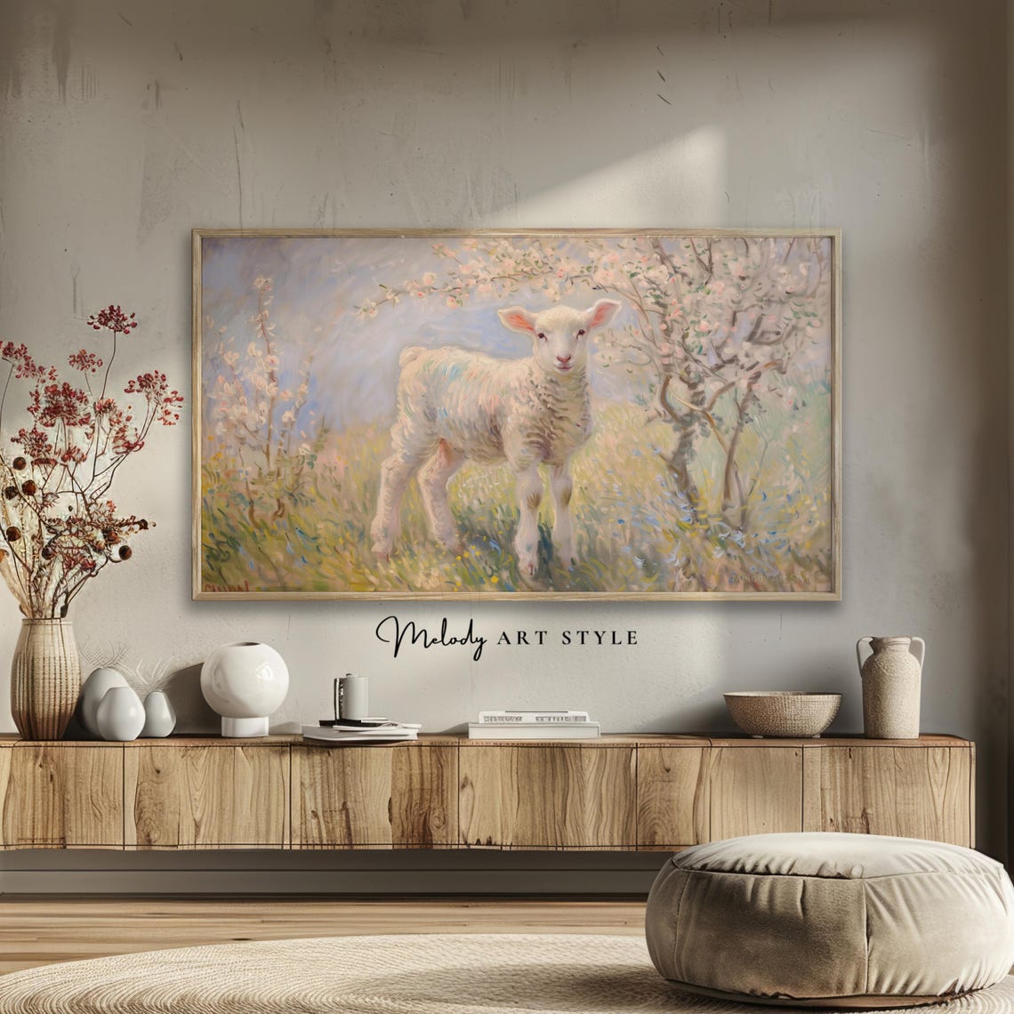 Spring Lamb In Blooming Meadow Impressionist Pastel Frame Wall Art - Image 2