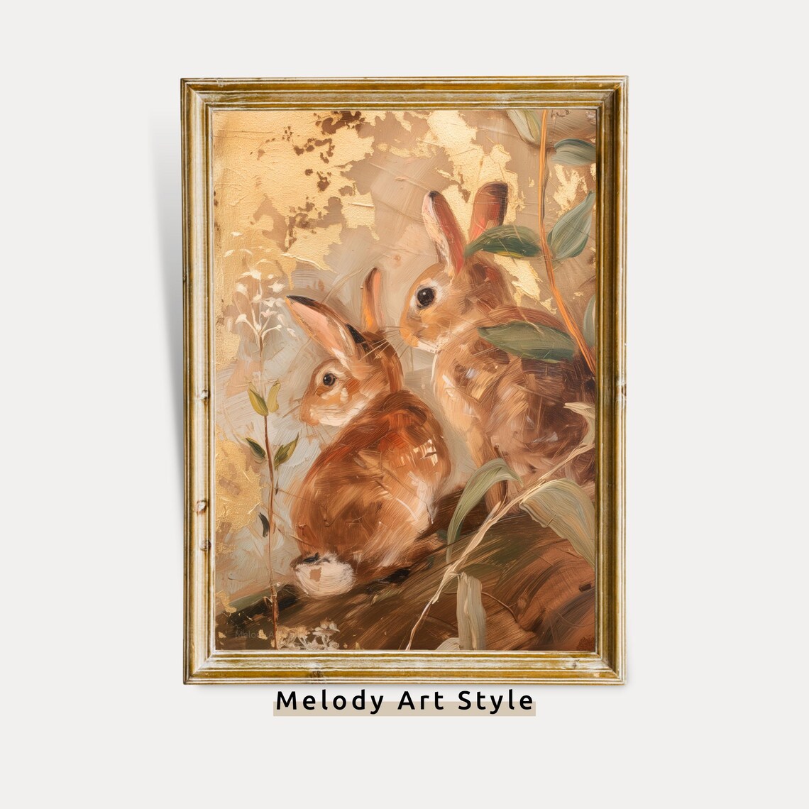 Two Brown Rabbits Golden Vintage Oil Painting Antique Art Poster