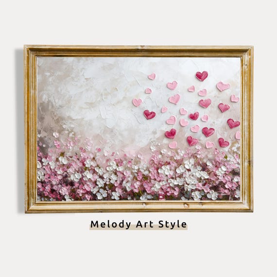 Pink Hearts And Flowers Wall Art Romantic Abstract Painting Elegant Valentines Day Decor Artwork P409