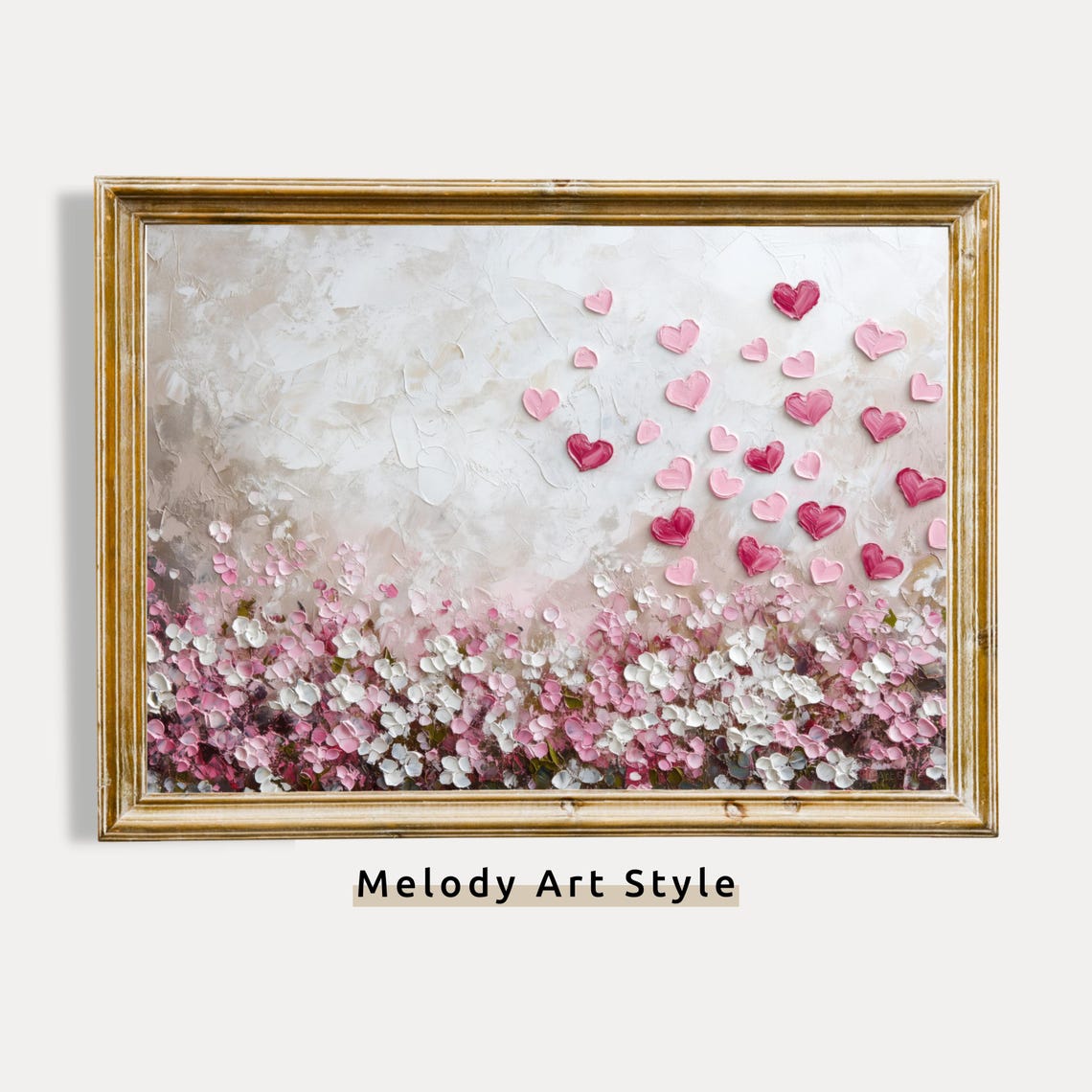 Pink Hearts And Flowers Wall Art Romantic Abstract Painting Elegant Valentines Day Decor Artwork P409