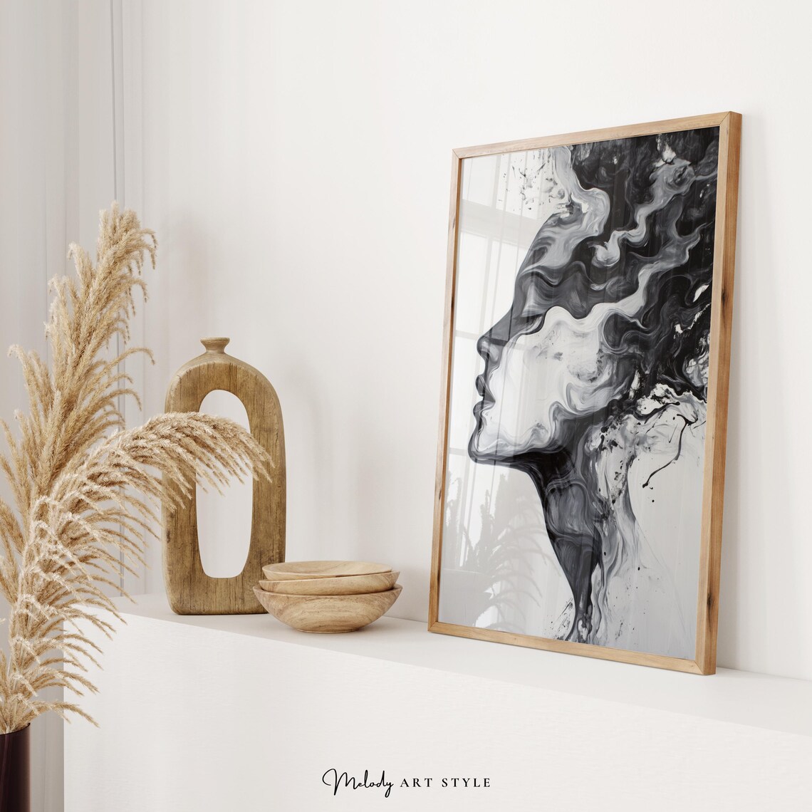 Monochrome Woman Face Fluid Black And White Ink Abstract Profile Art Print - Image 2