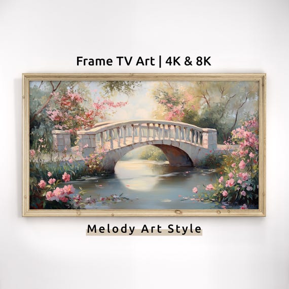Romantic Garden Bridge Frame Tv Art 4k 8k Pink Floral Landscape Wallpaper Rustic Farmhouse Screensaver Spring Art Tv F215
