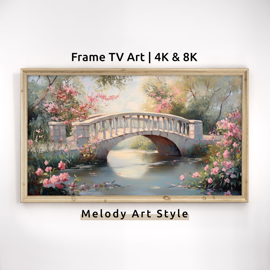 Romantic Garden Bridge Frame Tv Art 4k 8k Pink Floral Landscape Wallpaper Rustic Farmhouse Screensaver Spring Art Tv F215