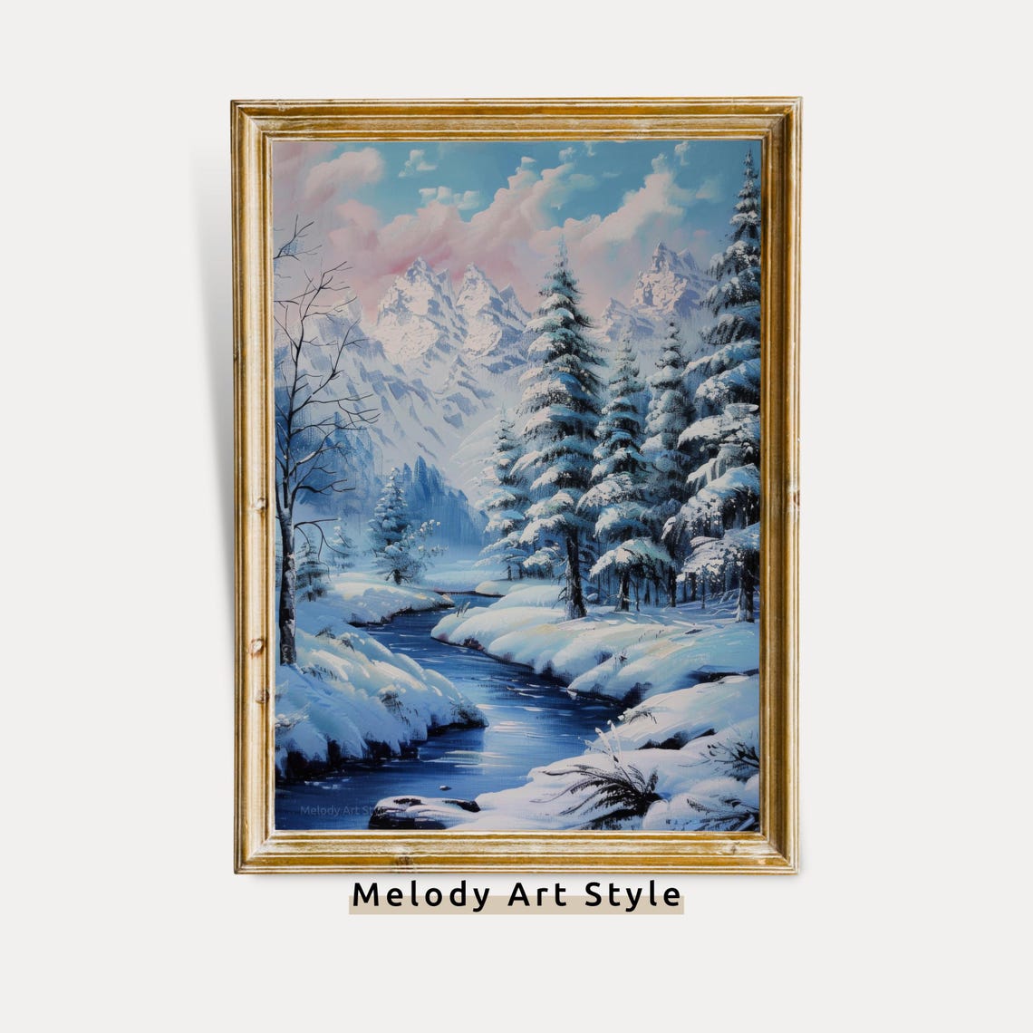 Snowy Mountain River Winter Landscape Blue Pine Forest Poster