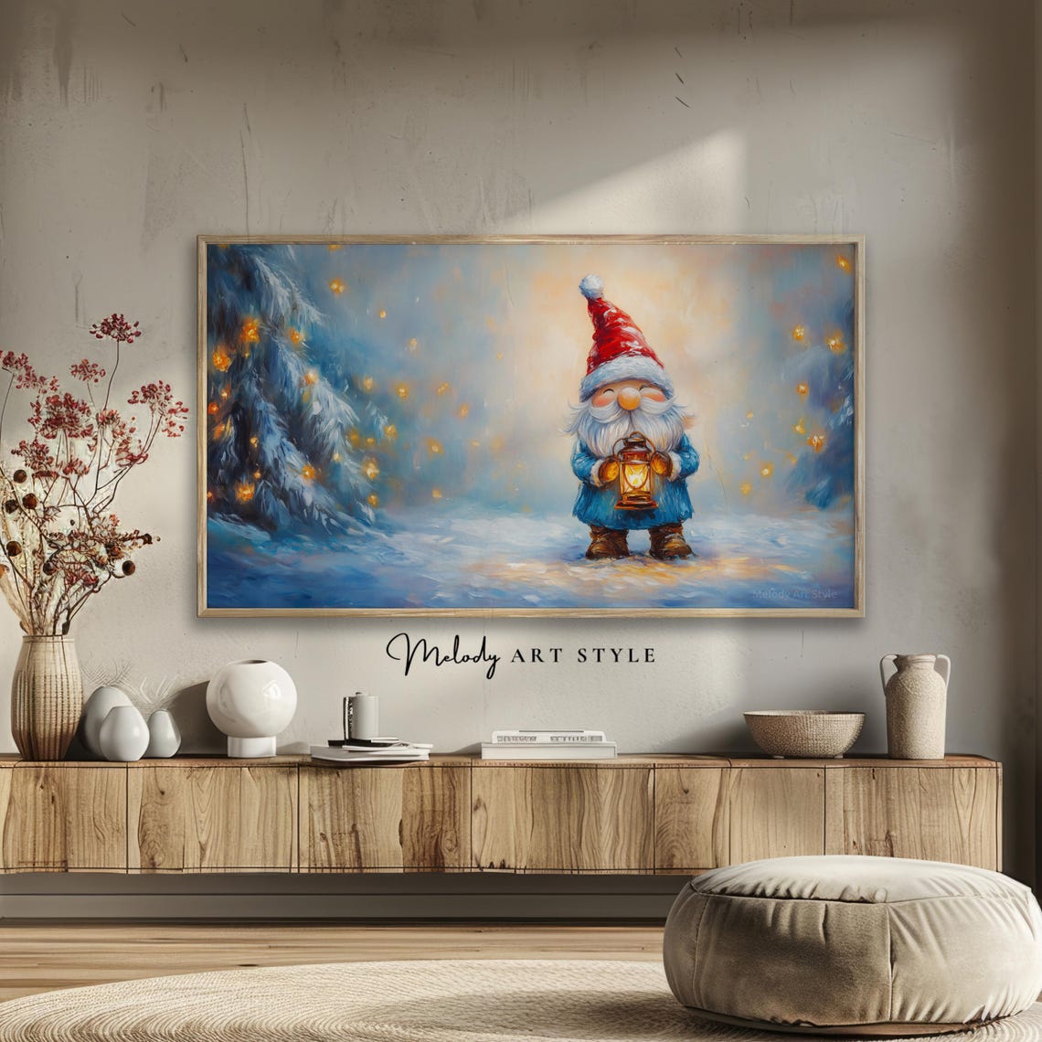 Christmas Gnome With Lantern Snowy Magical Forest Glowing Night Poster - Image 2