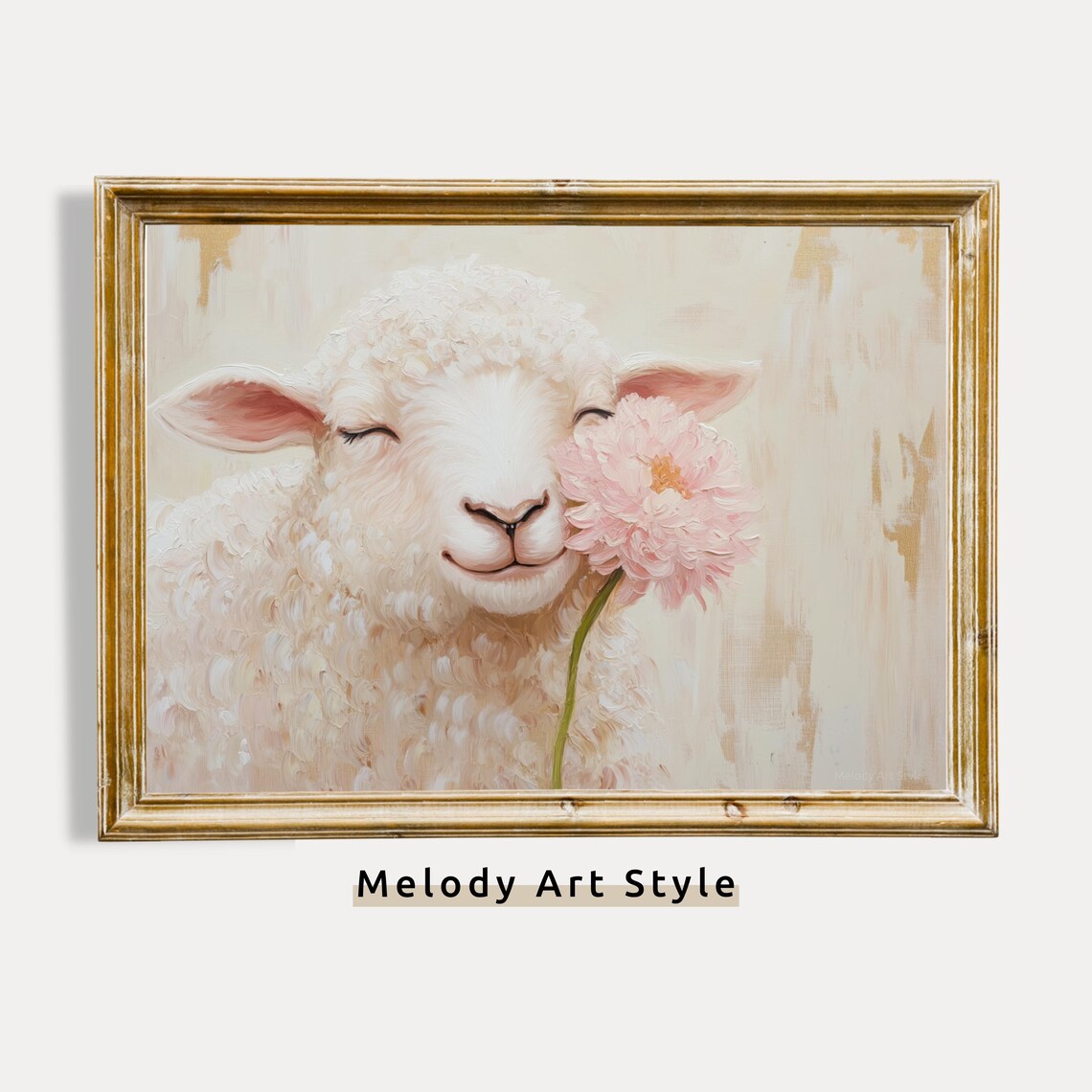 Sweet Smiling Lamb With Pink Flower Neutral Farmhouse Art Poster