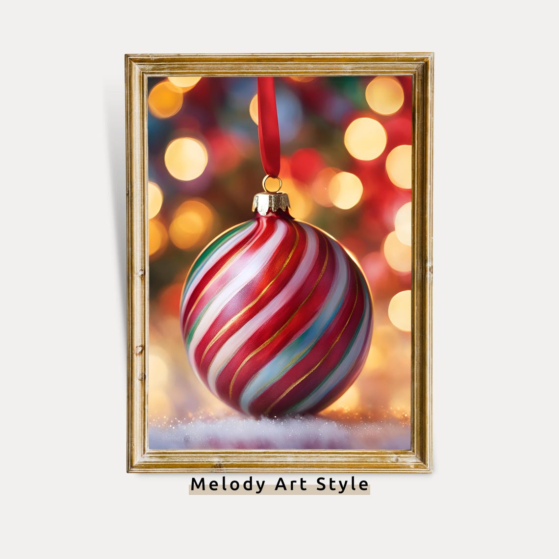 Red Gold Striped Ornament Twinkling Lights Christmas Bauble Poster