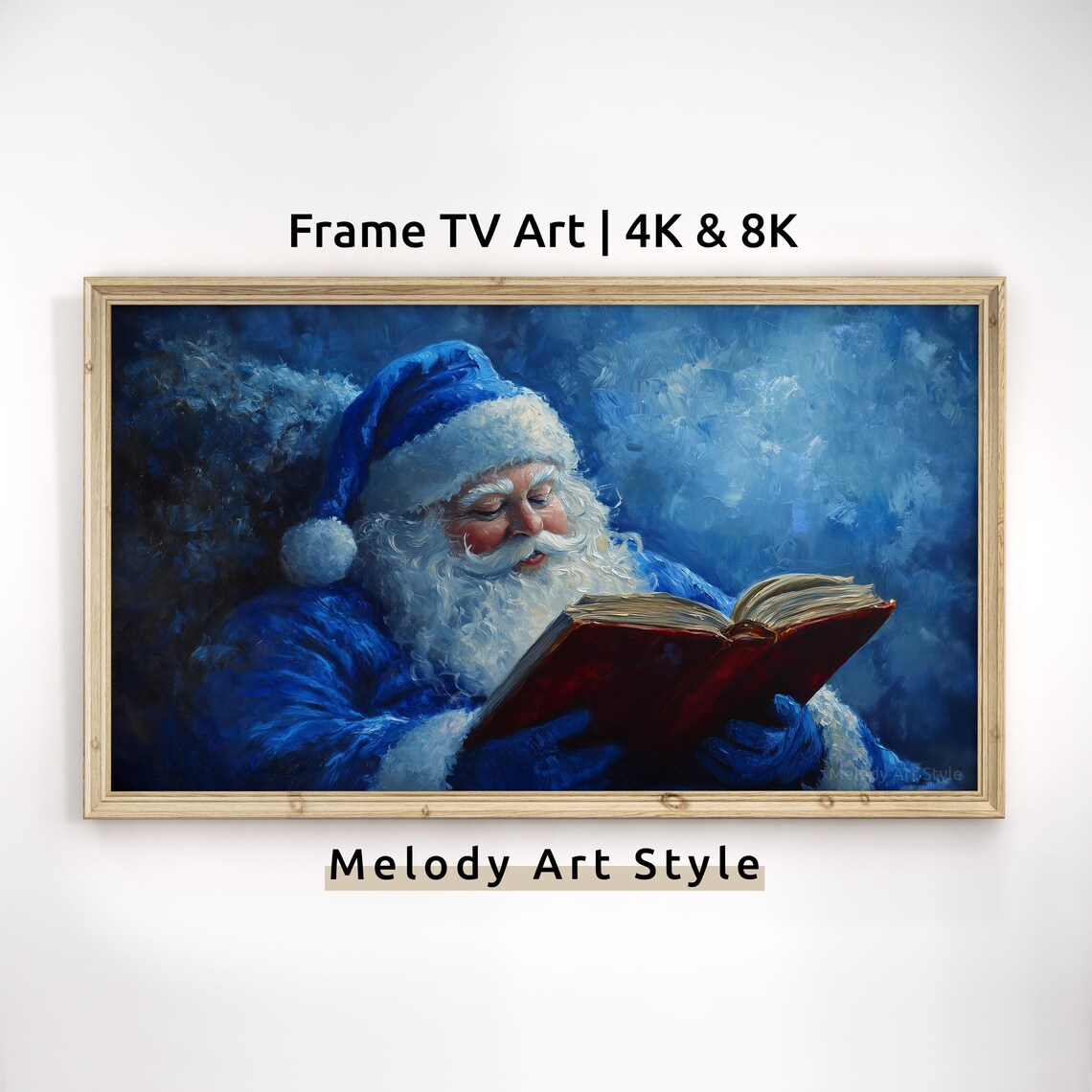 Blue Santa Reading A Book Frame Tv Art 4k 8k Bookish Santa Wallpaper Christmas Oil Painting Screensaver Frame Tv Art F126