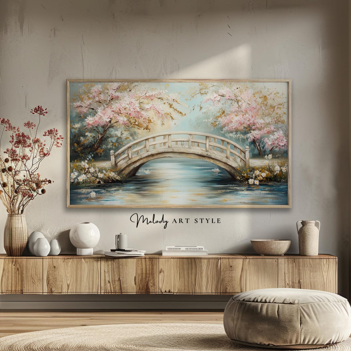Spring Cherry Blossom Frame Tv Art 4k 8k Wooden Bridge Painting Pastel Landscape Art Frame Tv Cottagecore Screensaver F209 - Image 2