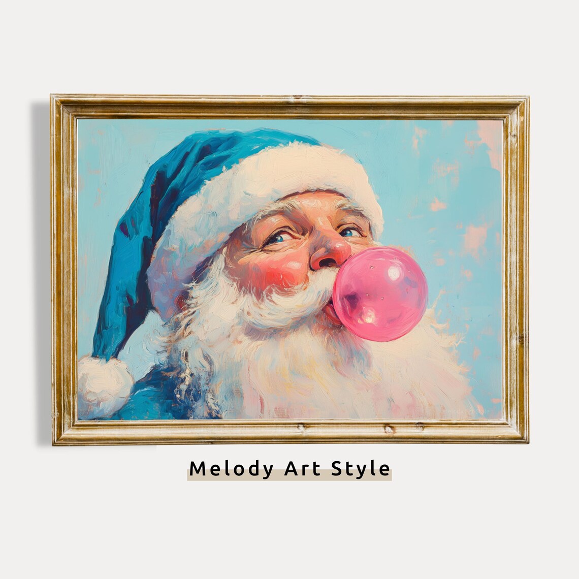 Blue Santa Blowing Pink Bubble Gum Quirky Christmas Art Poster