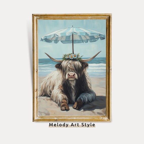 Highland Cow Beach Print Coastal Farmhouse Wall Art Cute With Flowers Summer Boho Decor Relaxing Animal Painting P527